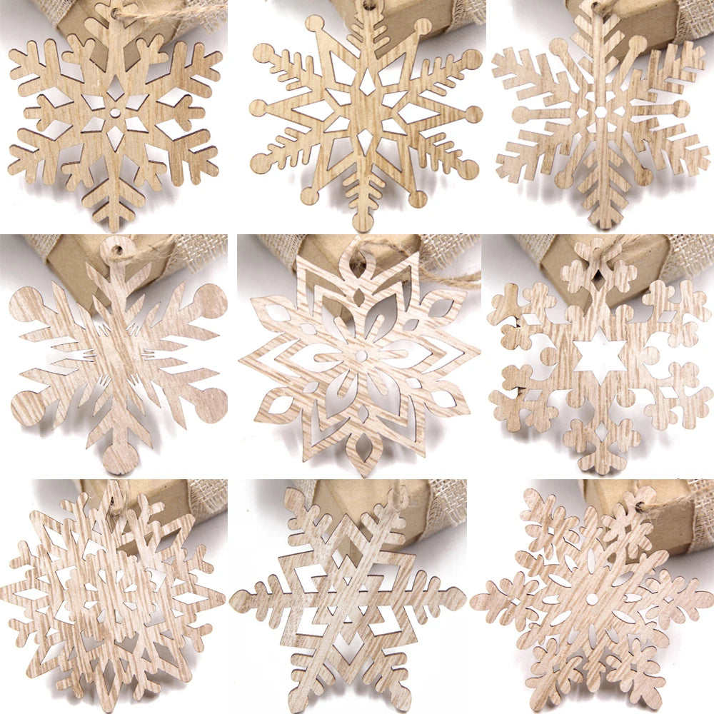 12pcs/box wooden hollow snowflake christmas vintage pendants xmas hanging ornaments for noel tree decorations diy