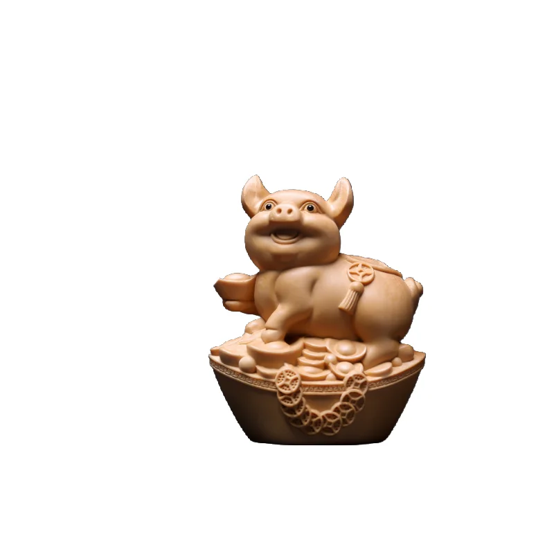 Hand-carved hinoki wood zodiac animal figurine - 6’’ chinese feng shui sculpture home decor collectible art gift - pig