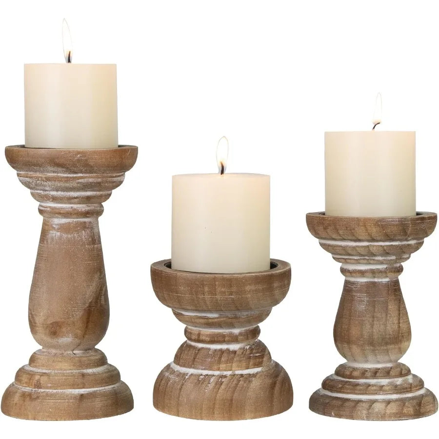 Candle holder for pillar set of 3 farmhouse wood rustic wooden stand vintage small candlesti - united states