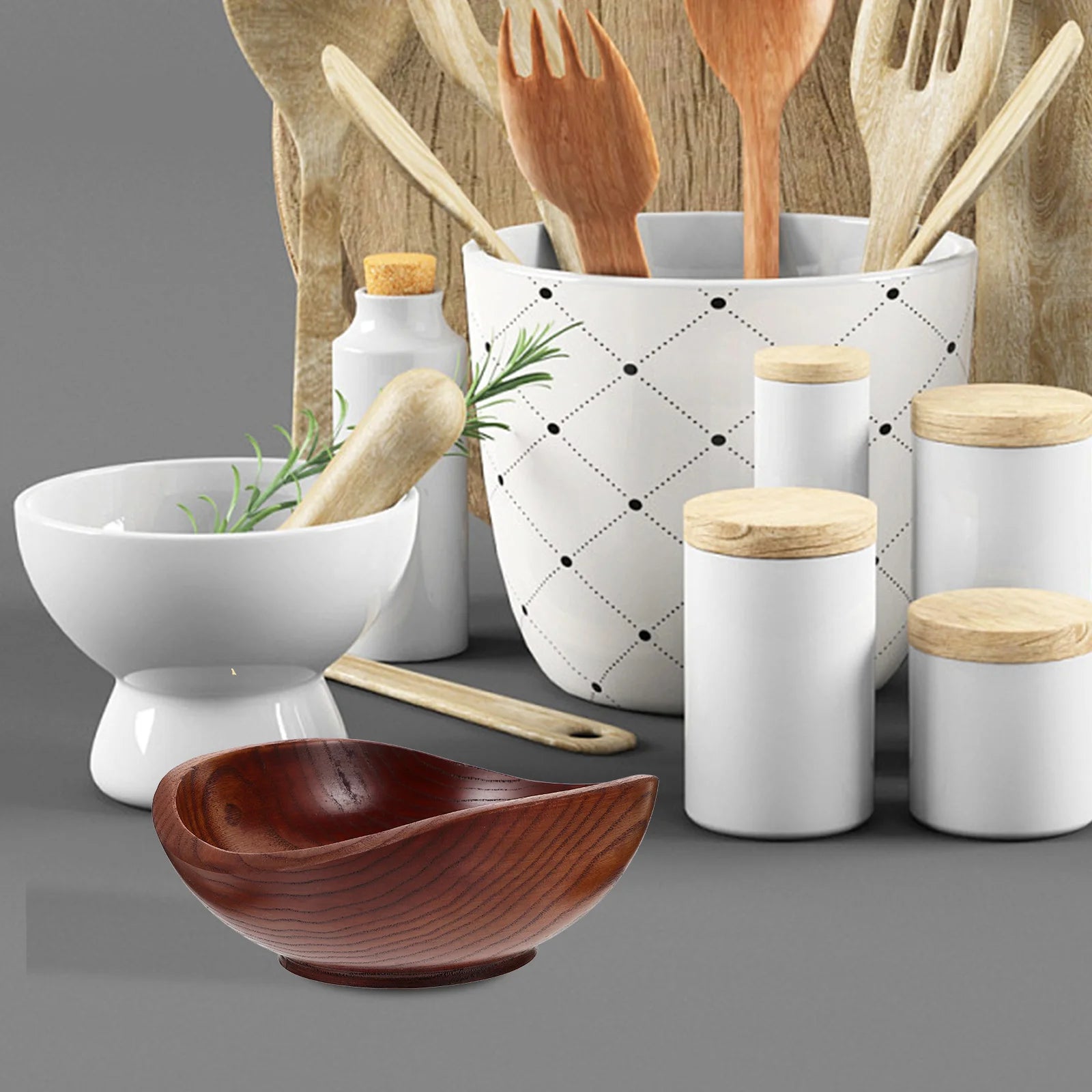 Solid wood fruit salad bowl yuanbao jujube creative snack seasoning style five container wooden bowls serving - as shown