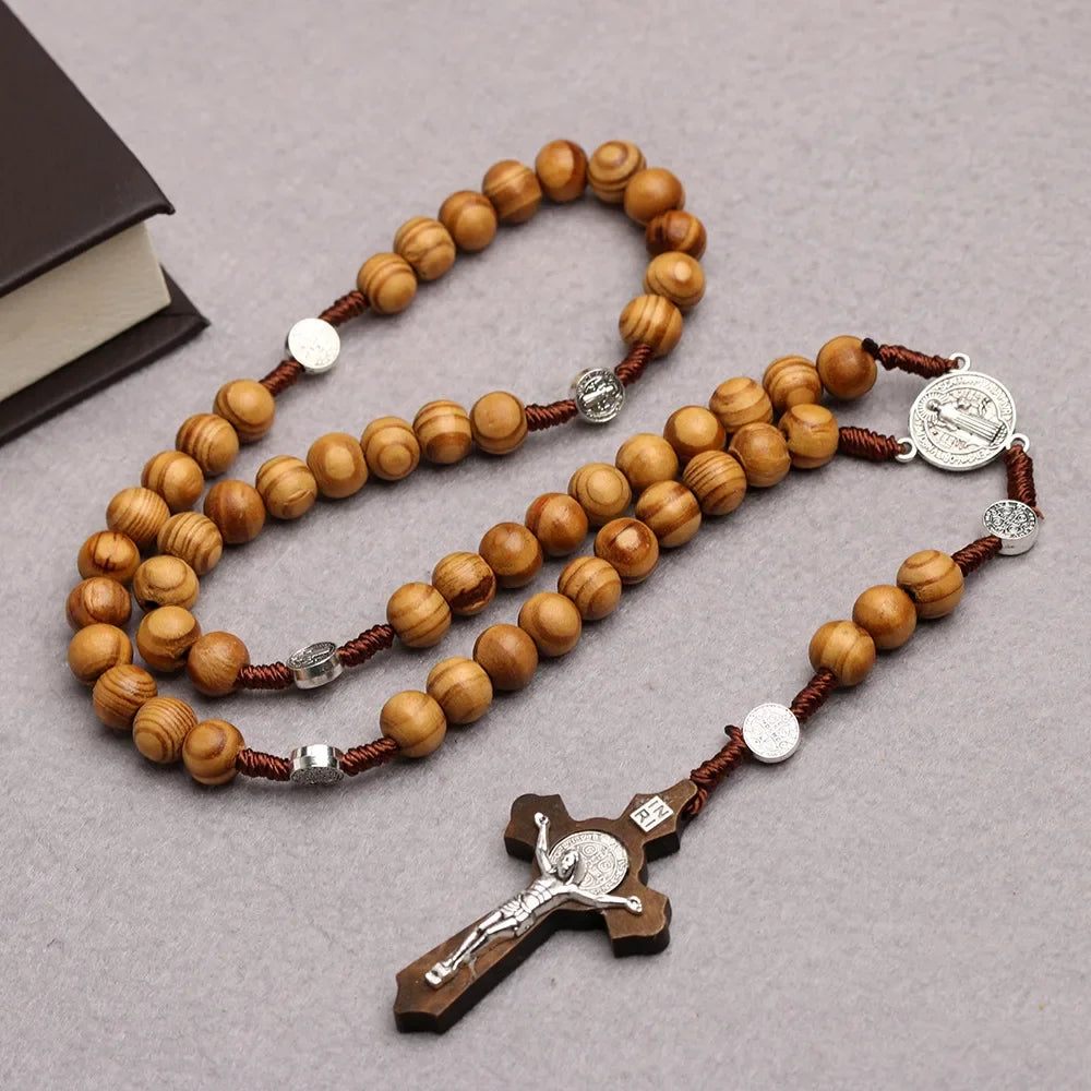 Catholic wood beaded rosary necklaces for women christian inri crucifix cross pendant long chain men religion prayer