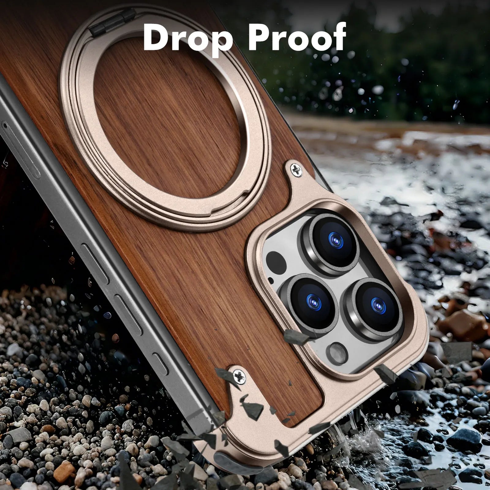 Eary solid wood phone case for iphone 17 16 15 14 pro max with magsafe 360 rotatable stand shockproof protective cover