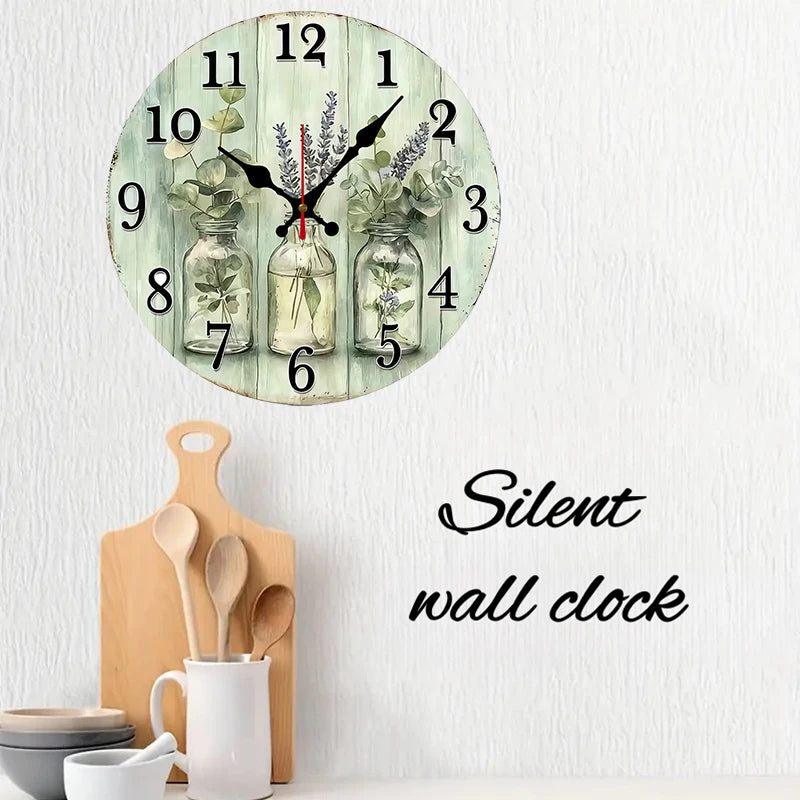 Fresh vase wooden round silent hanging wall clock suitable for living room office study bedroom home decoration