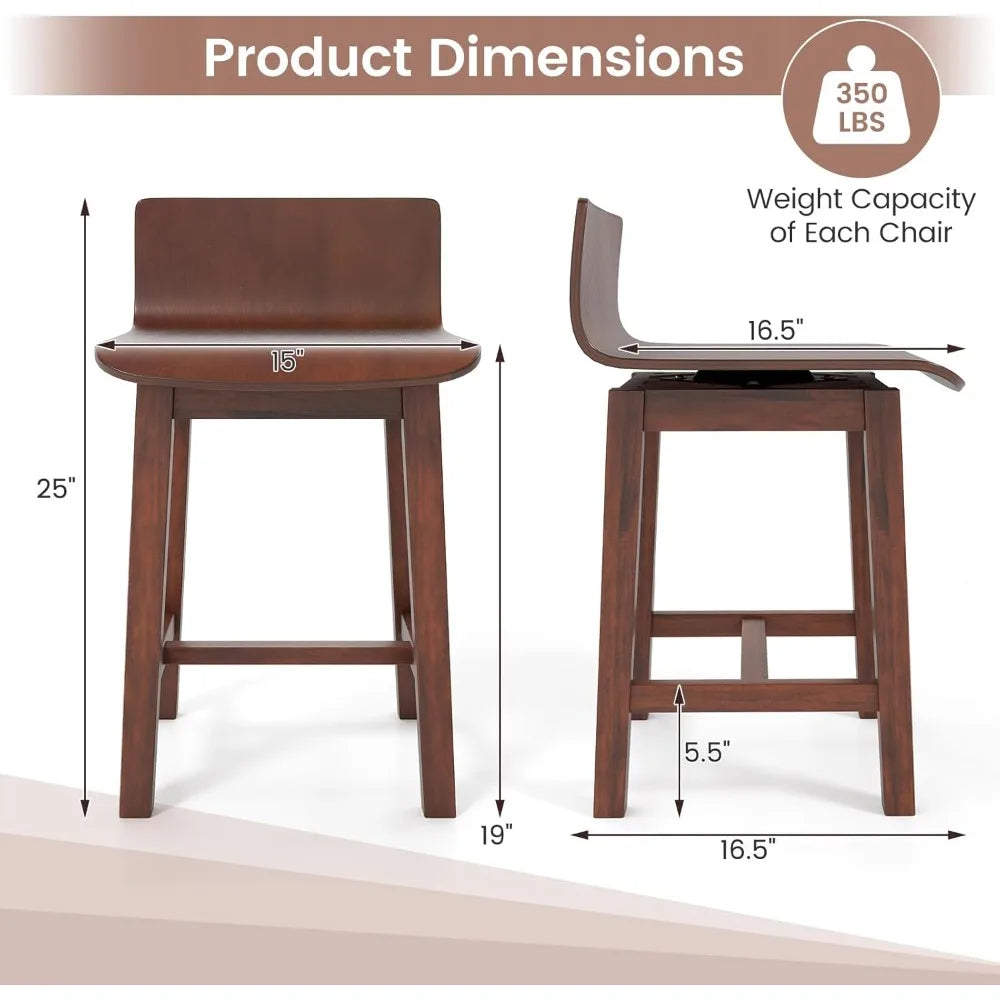 Swivel solid wood dining stools set of 2 19-inch counter height chairs with low back footrest farmhouse wooden armles