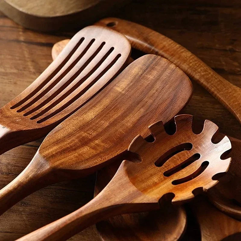 Natural wooden tableware teak wood nanmu spoon extra long leaking soup cooking kitchen utensils