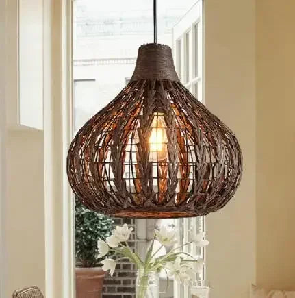 Knitted wicker birdcage rattan lampshade vintage hand pendant lamp retro coffee shop restaurant bar wood hanging lamp