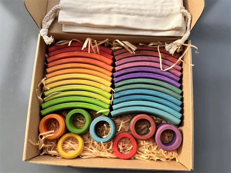 New beech wood arch stacking blocks rainbow bending wooden building timber toys set for kids creative play - rainbow