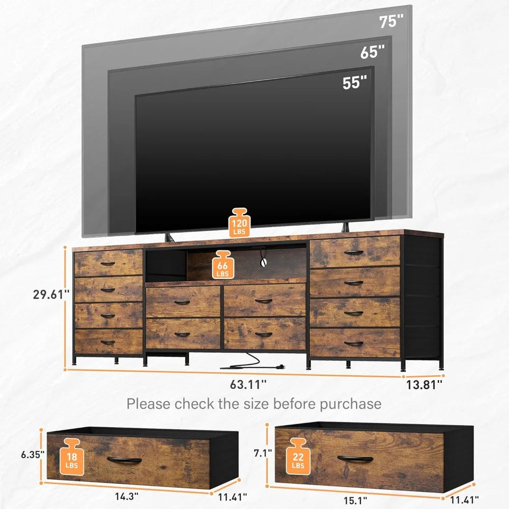 12 drawer dresser tv stand for 65 70 75 inch 63’’ w extra long bedroom with led lights & power outlets entertainme