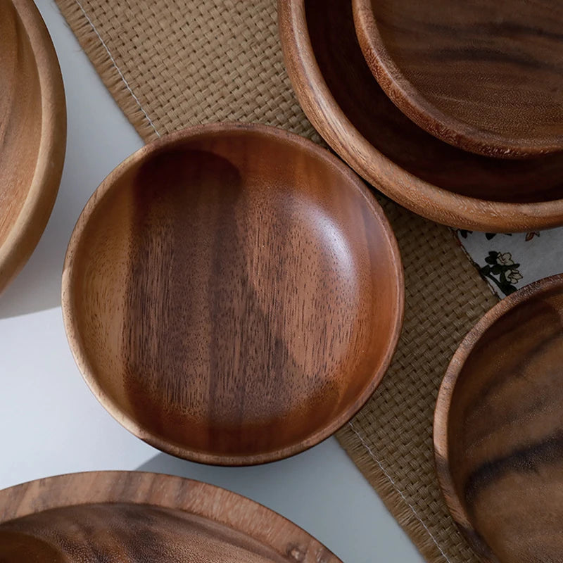 New natural hand-made wooden salad bowl classic large round acacia wood soup dining plates premium kitchen utensils
