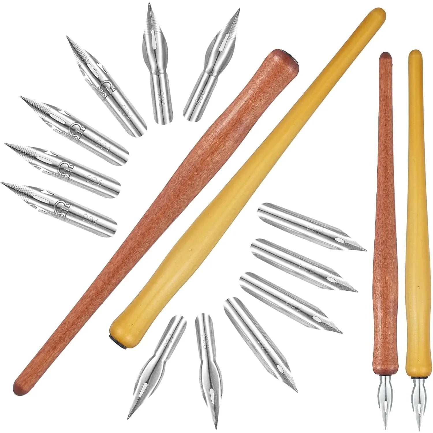 dip-pen-set-calligraphy-set-drawing-pen-includes-2-wooden-pen-holders-and-12-stainless-steel-nibs-for-writing
