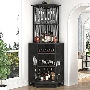 Tall corner bar cabinet large wood and metal liquor with wine rack adjustble shelf storage, - dark gray / united states
