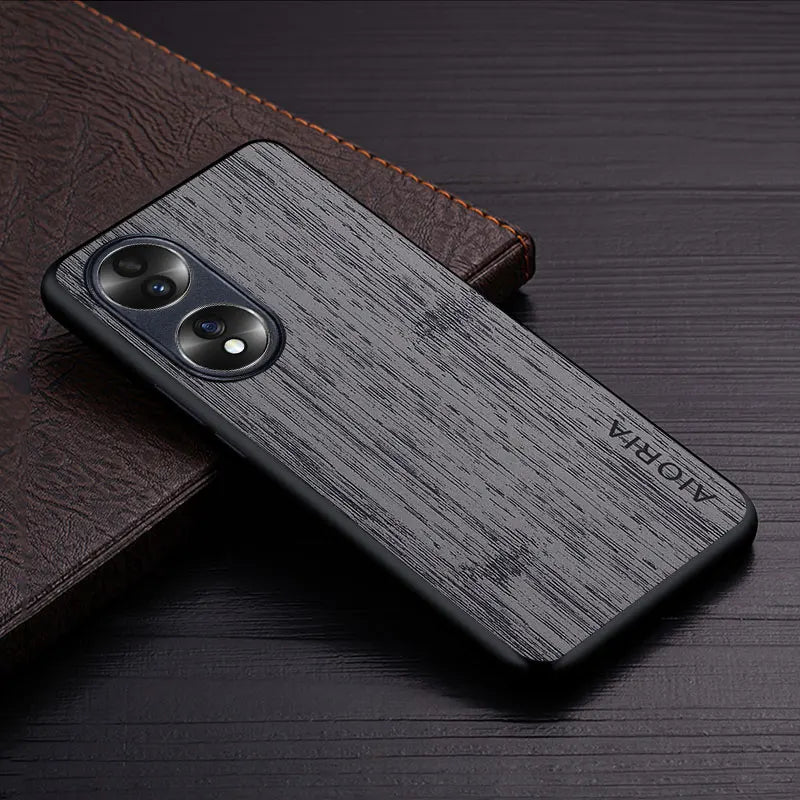 Case for honor 70 5g funda bamboo wood pattern leather phone cover luxury coque huawei honor case capa - dark gray