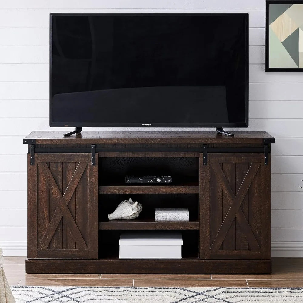 Farmhouse tv stand for 60 inch wood with sliding barn door entertainment center storage cabinet rustic medi