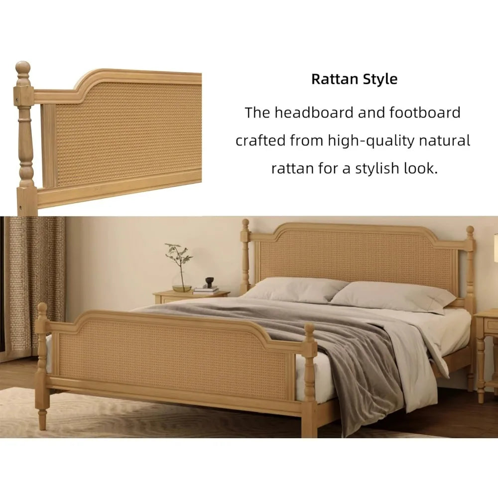 Merax platform bed frame with natural rattan headboard and footboard traditional style no box spring needed solid pine