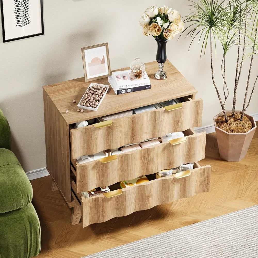 3 drawer dresser modern fluted chest of drawers with metal handles and wooden legs storage organizer accent cabinet f