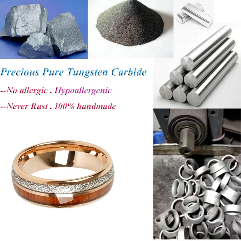 Designer high quality koa wood meteorolite 18k rose gold plated tungsten jewelry wedding band fashion rings for men