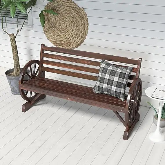 Rustic wooden wagon wheel 3-person patio bench with backrest for outdoor backyard furniture - style1 / united states