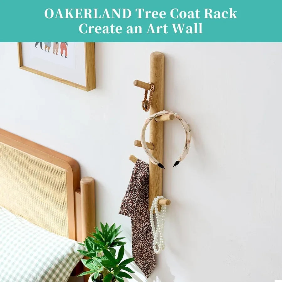 Oak wood coat rack wall mount hooks with 4 for clothes hats towel purse robes entryway bathroom mudroom bedroom 16ih