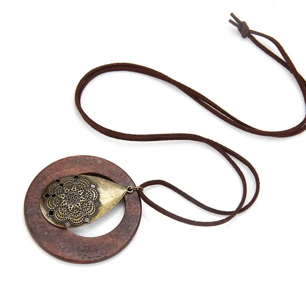 Wooden round pendant necklace vintage long style for sweater pu cord choker party