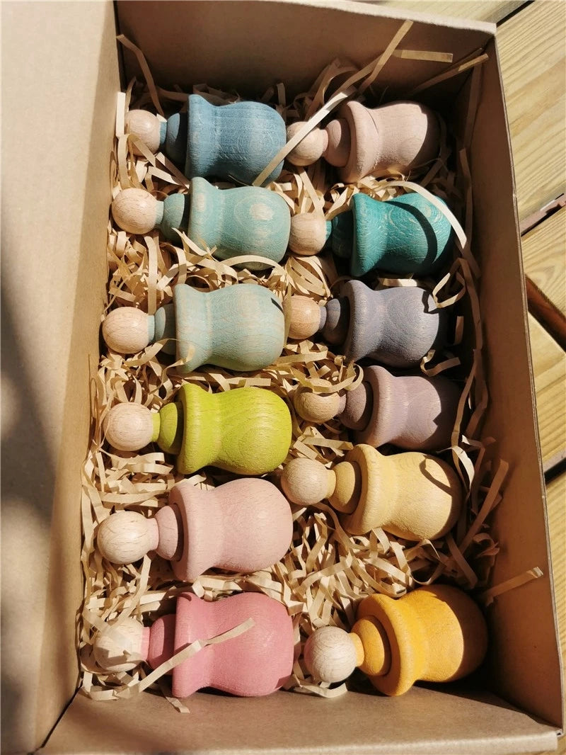 Rainbow wood peg dolls with cups handmade stain stacking people in bowls for kids open-ended play - pastel 12 - game