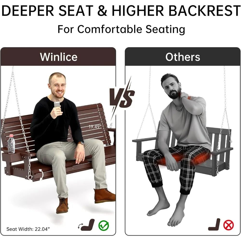 Wooden outdoor porch swing 3 seater front with upgraded 22’’ deep seat heavy duty 880 lbs bench chair