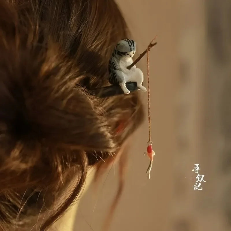 Chinese hanfu hairpin hand-carved phoenix wooden hair stick vintage accessories for women antique bronze retro clip