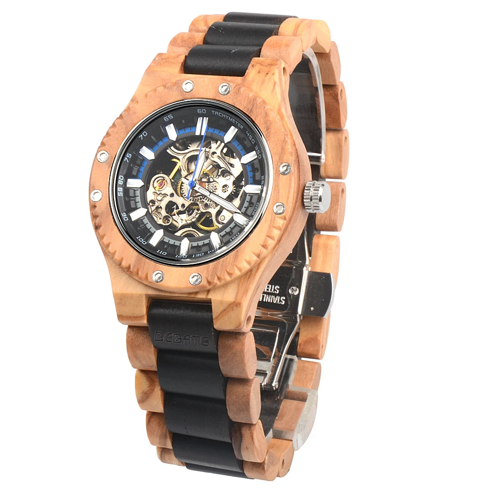 Classic mechanical wooden watches for men skeleton automatic self-winding lightweight men’s wood wristwatch - 137b-2