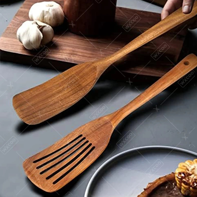 2pcs natural teak wood spatulas cooking utensils turner non-stick durable heat resistant