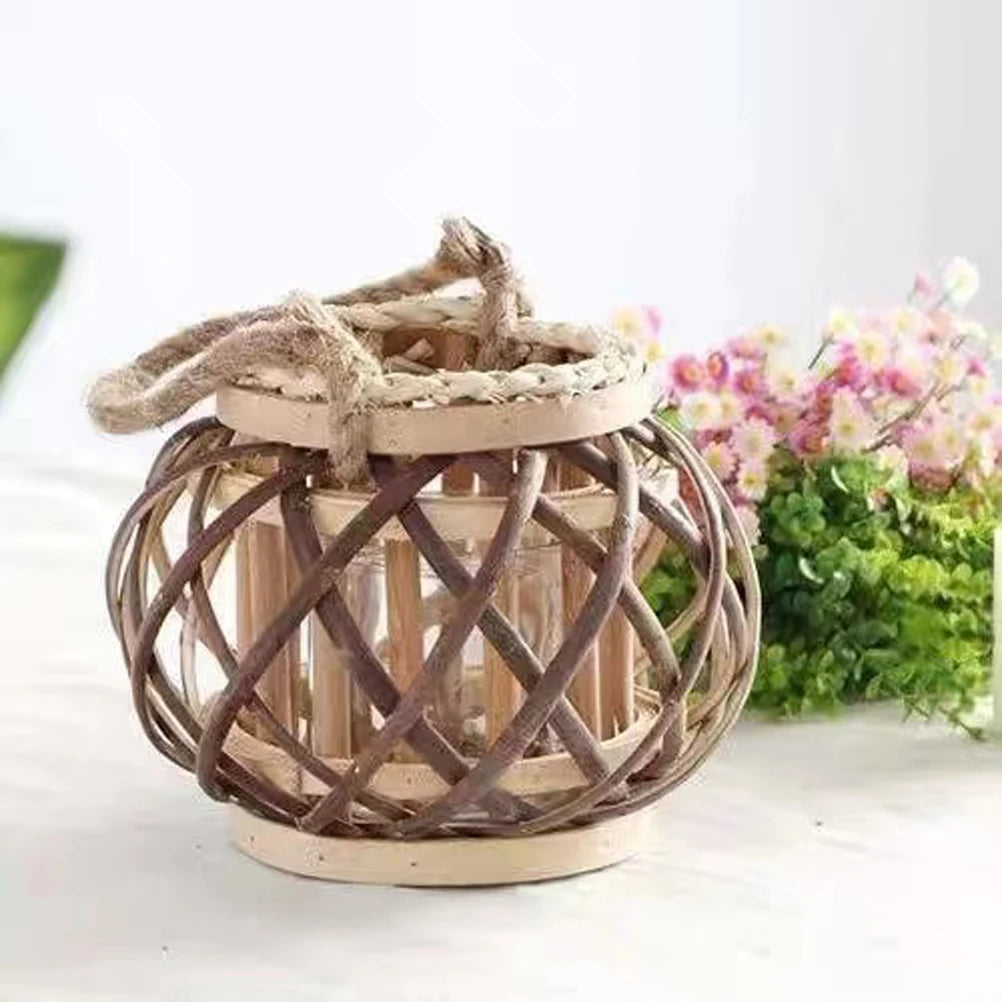 Wicker lantern electronic candle holder hanging windproof crafts festival home decor round wedding vintage wooden