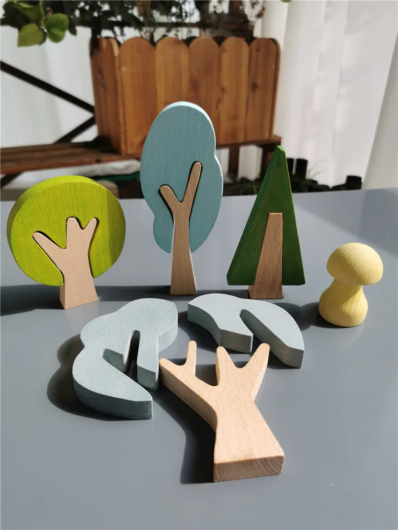 Wooden diy blocks toys rainbow trees forest saplings for kids building stacking play - game