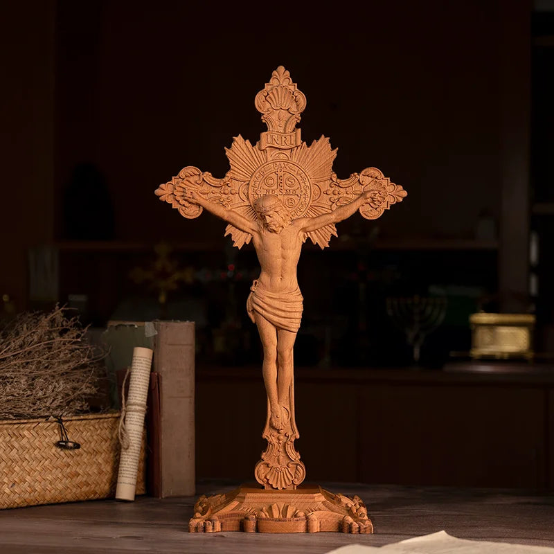 Handmade st. Benedict wooden cross statue religious home altar decor with base carved catholic christian
