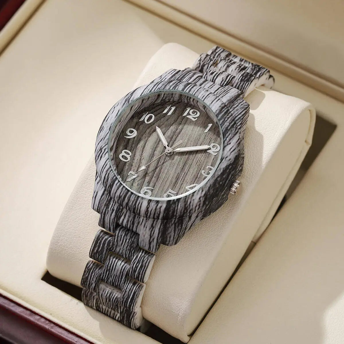 Fashion women watches casual wooden pattern plastic band quartz watch relogios feminino（without box） - grey without box