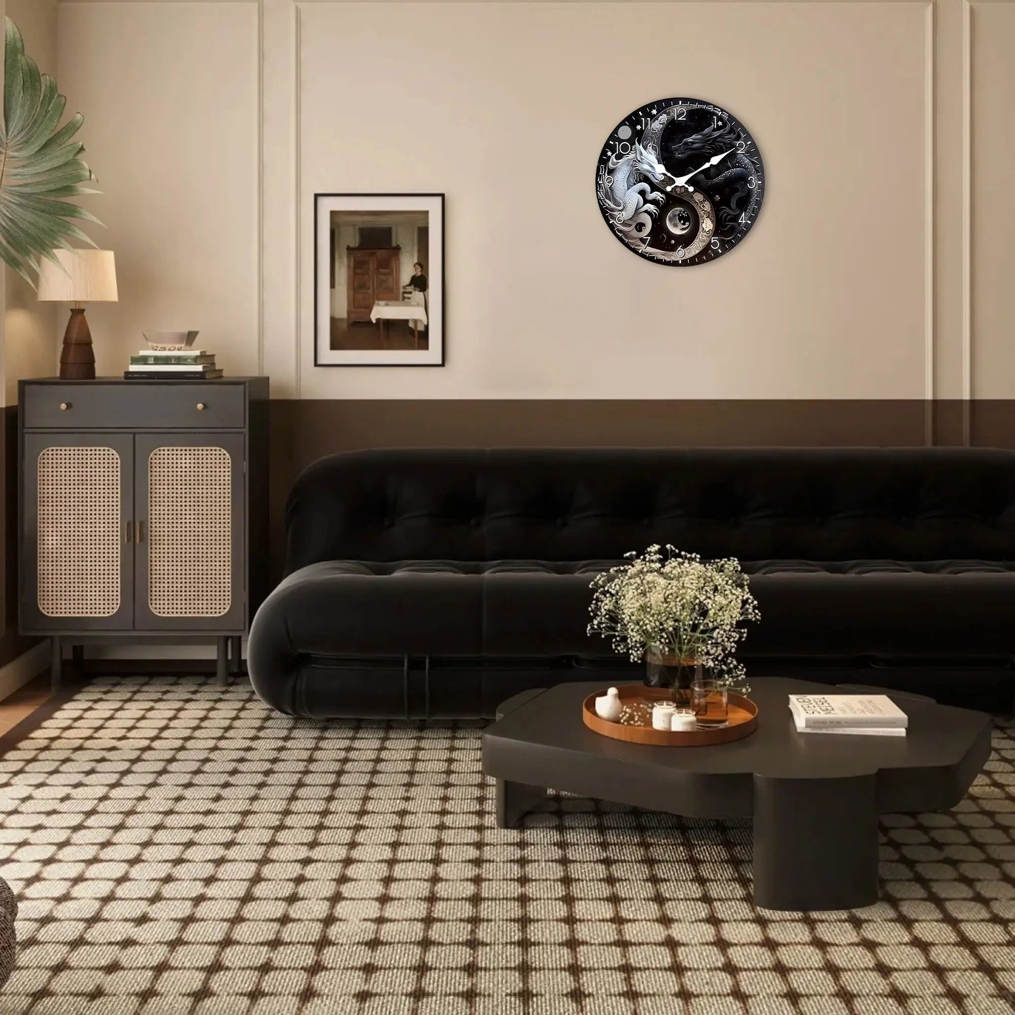 1pc round wooden wall clock oriental legend story black and white dragon design - silent non-ticking suitable