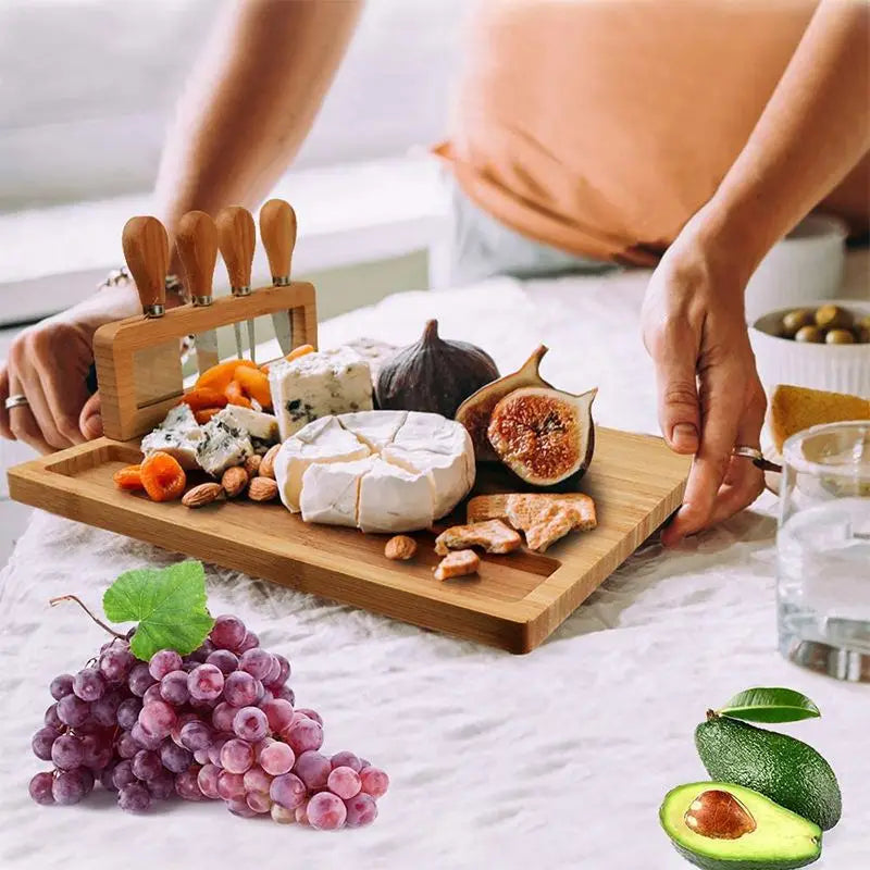 Large bamboo cheese board with 4 knives chopping set for weddings birthdays christmas kitchen wooden - 35.5x28x1.5cm