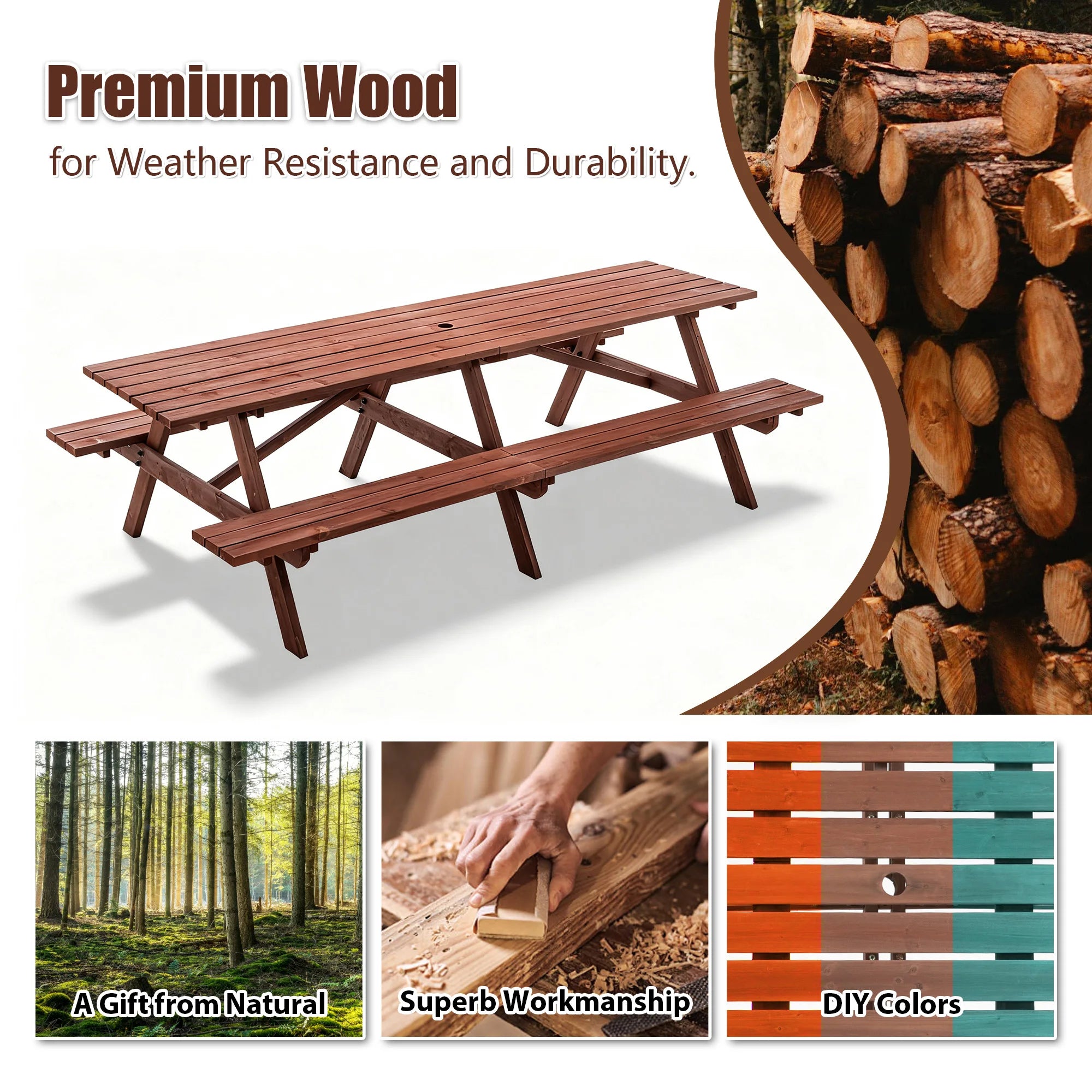 Large 12-person wooden picnic table outdoor weatherproof w/ umbrella hole ideal for bbq & gatherings - chocolate