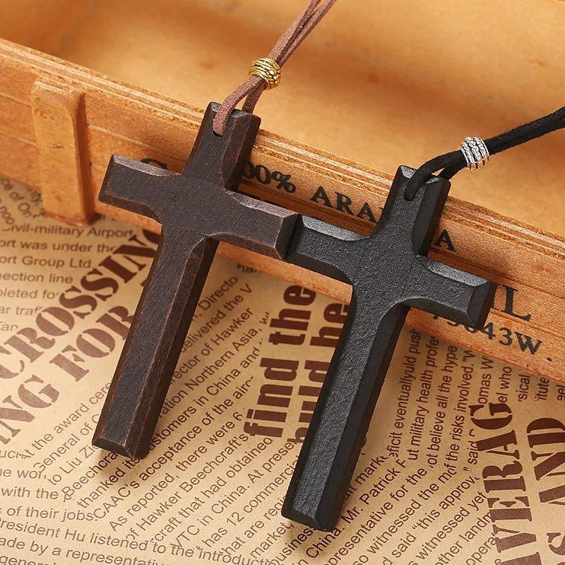 Unique wooden cross pendant necklace men black brown 80cm long collar adjustable prayer amulet jewelry homme daily neck