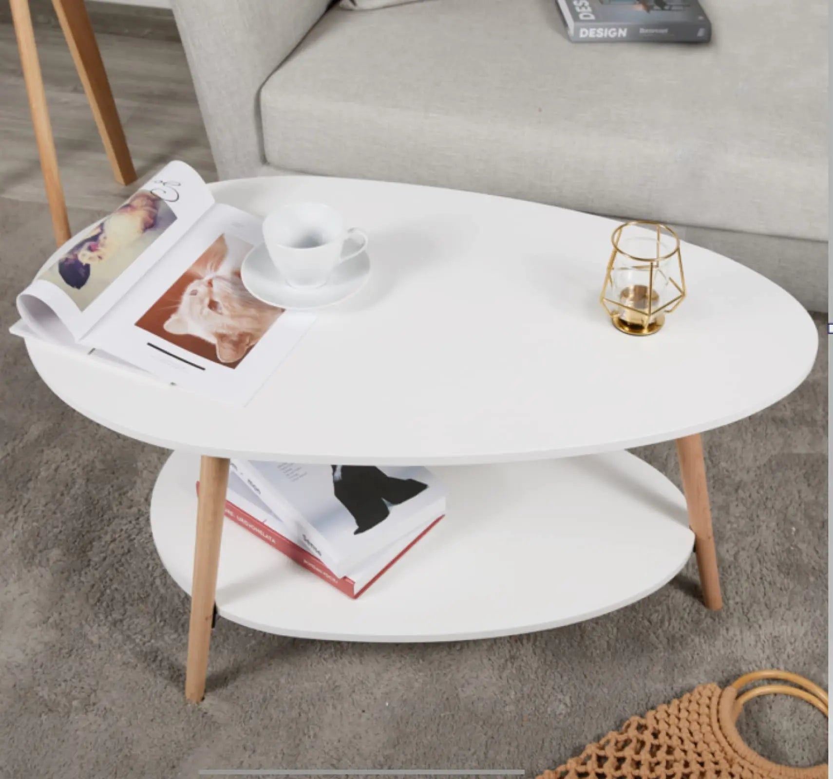 Vabches coffee table oval wood end with 2 tier open storage shelves white modern sofa side for living room furniture