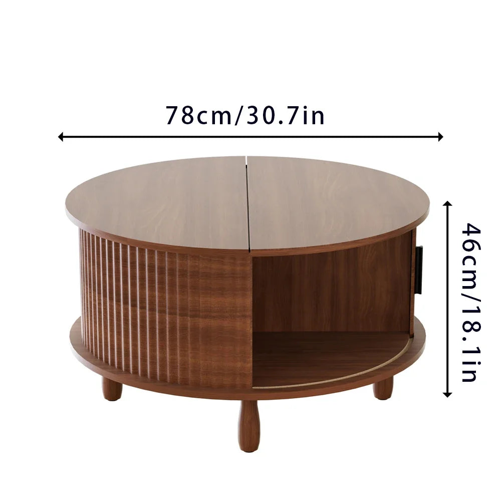 Round wooden coffee table 30.7 inch with storage function suitable for home living room office sliding cabinet door