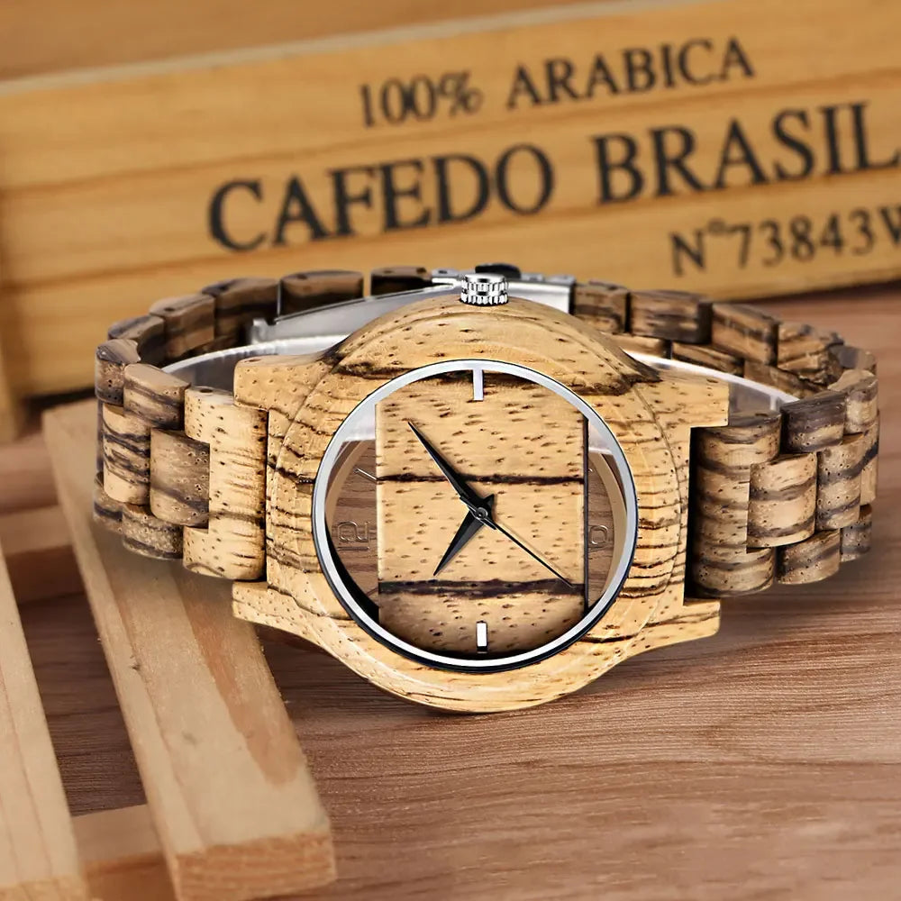 Men women natural wood watch unique hollow dial with full wooden bamboo bangle quartz wristwatch novel handmade clock