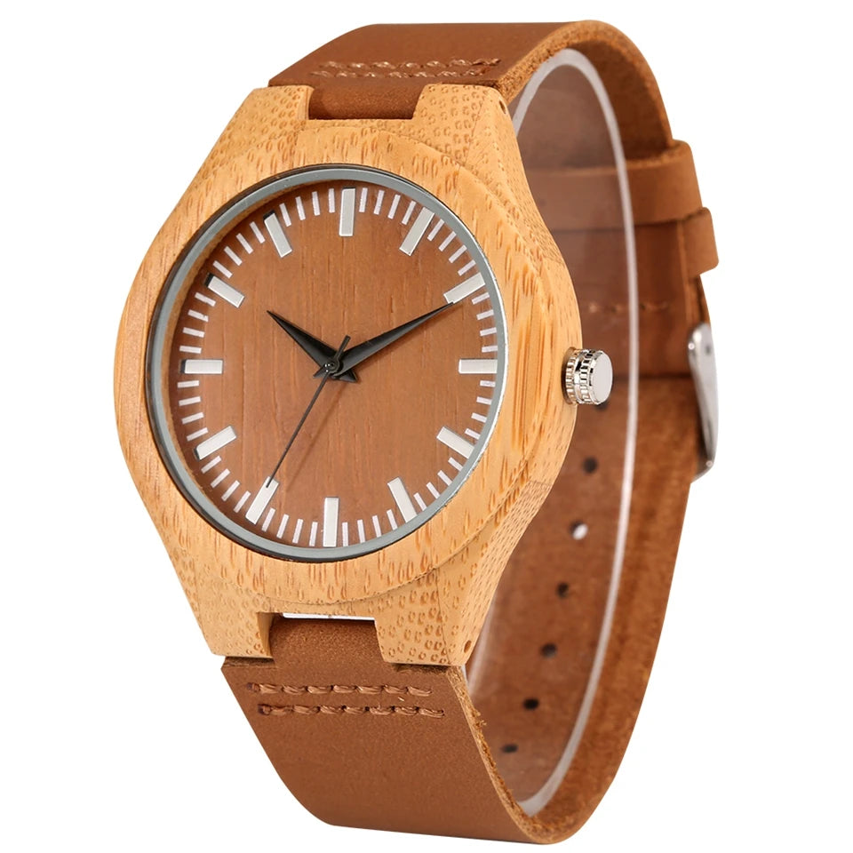 Men’s watches fashion blue dial simple leather band quartz wristwatch bamboo wooden watch male present a gift for men
