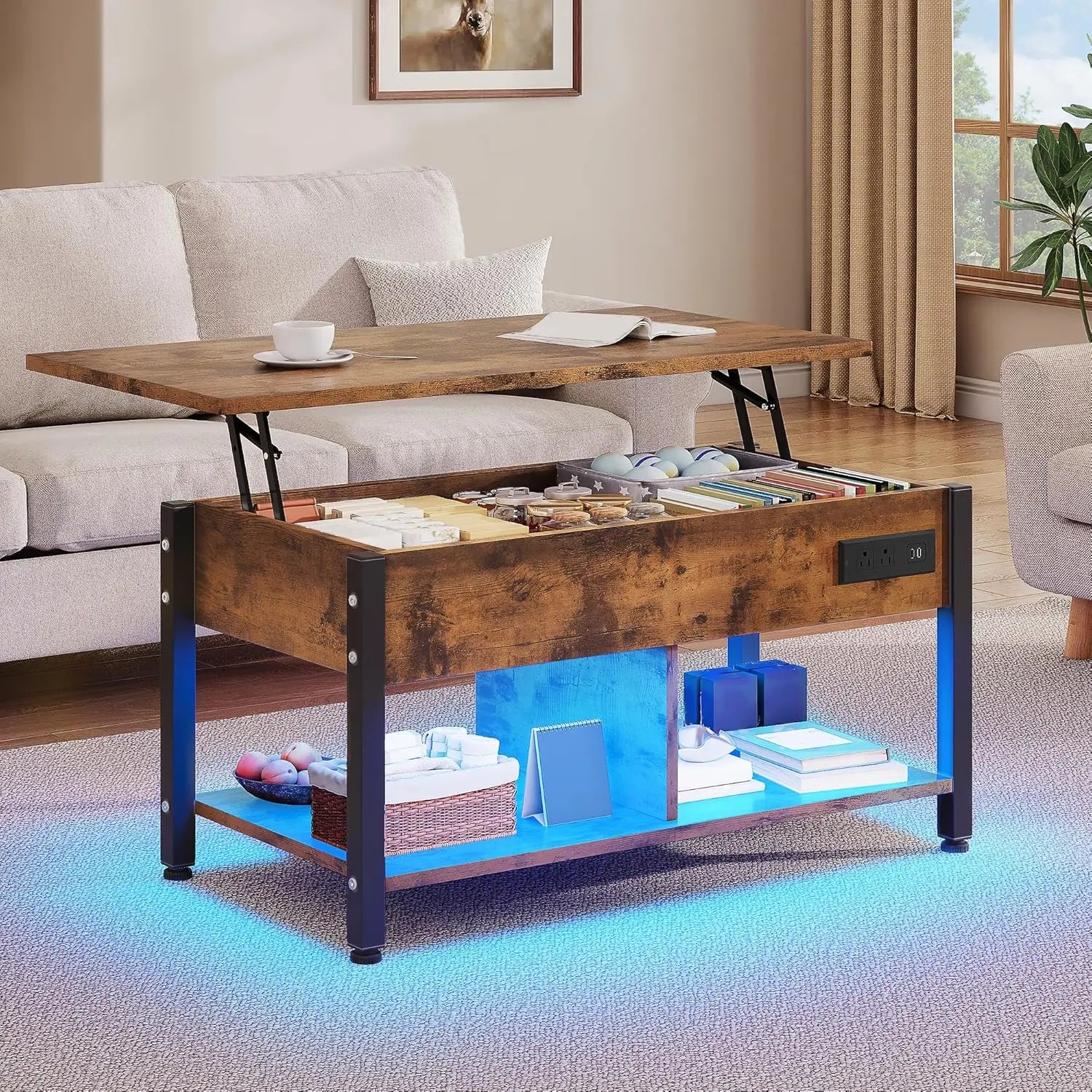 Lift top coffee table with rgb light 3-in-1 power outlets hidden & open storage adjustable height wooden - brown