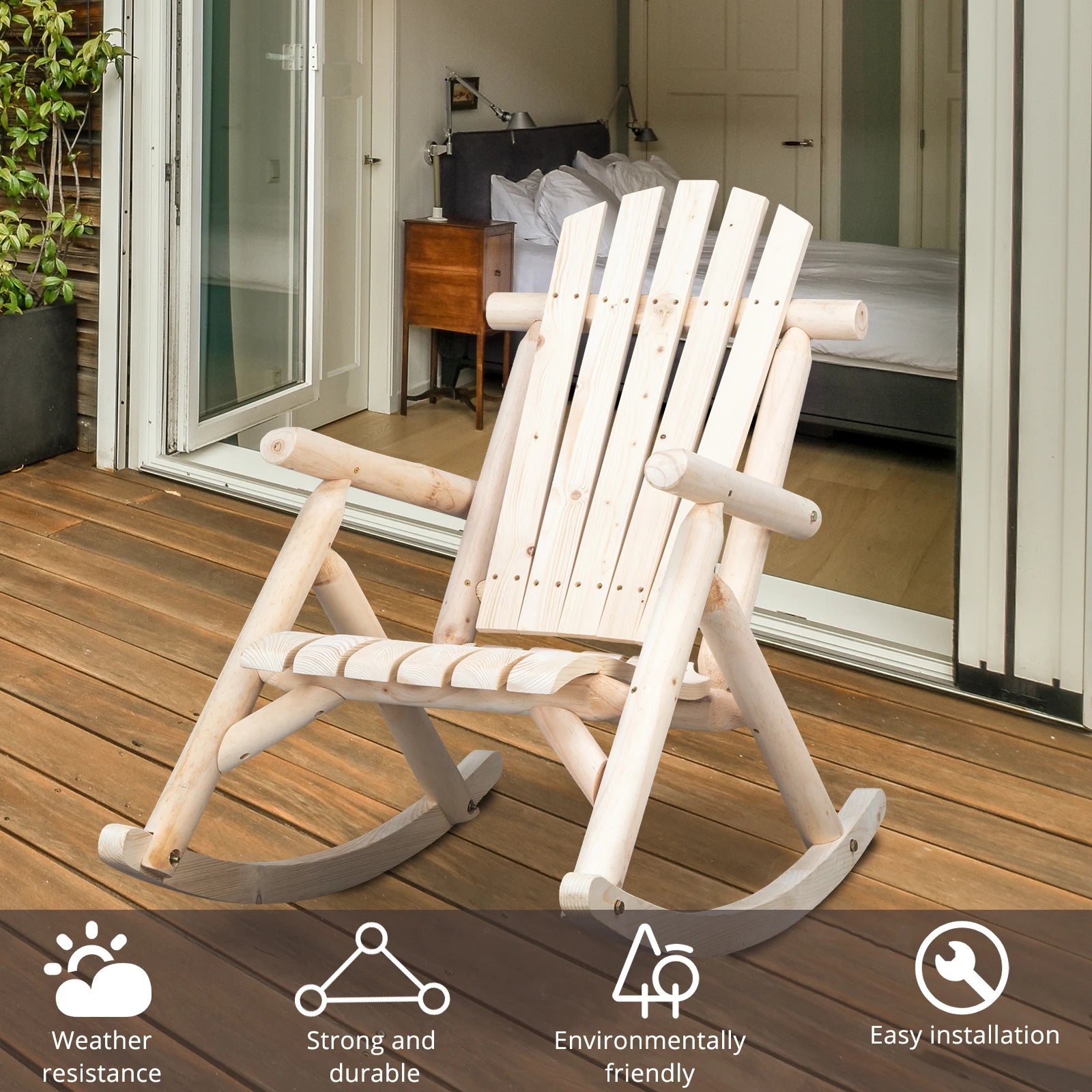 65*95*96cm outdoor courtyard fir wood rocking chair log color for home - united states / ivory