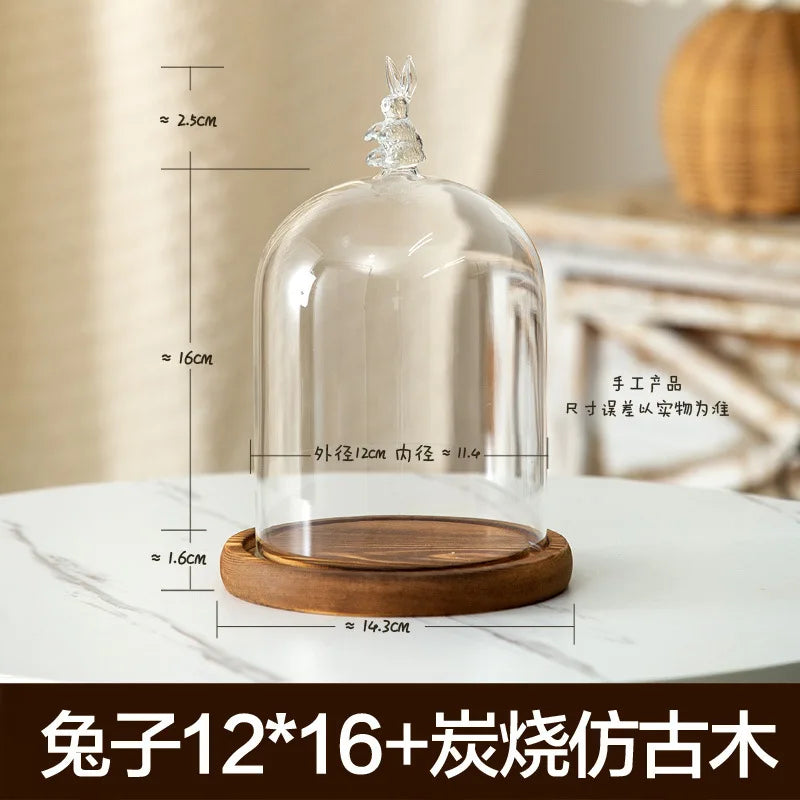 Aromatherapy candle holder ornaments dust-proof glass cover wooden base display box home decoration - rabbit 16cm