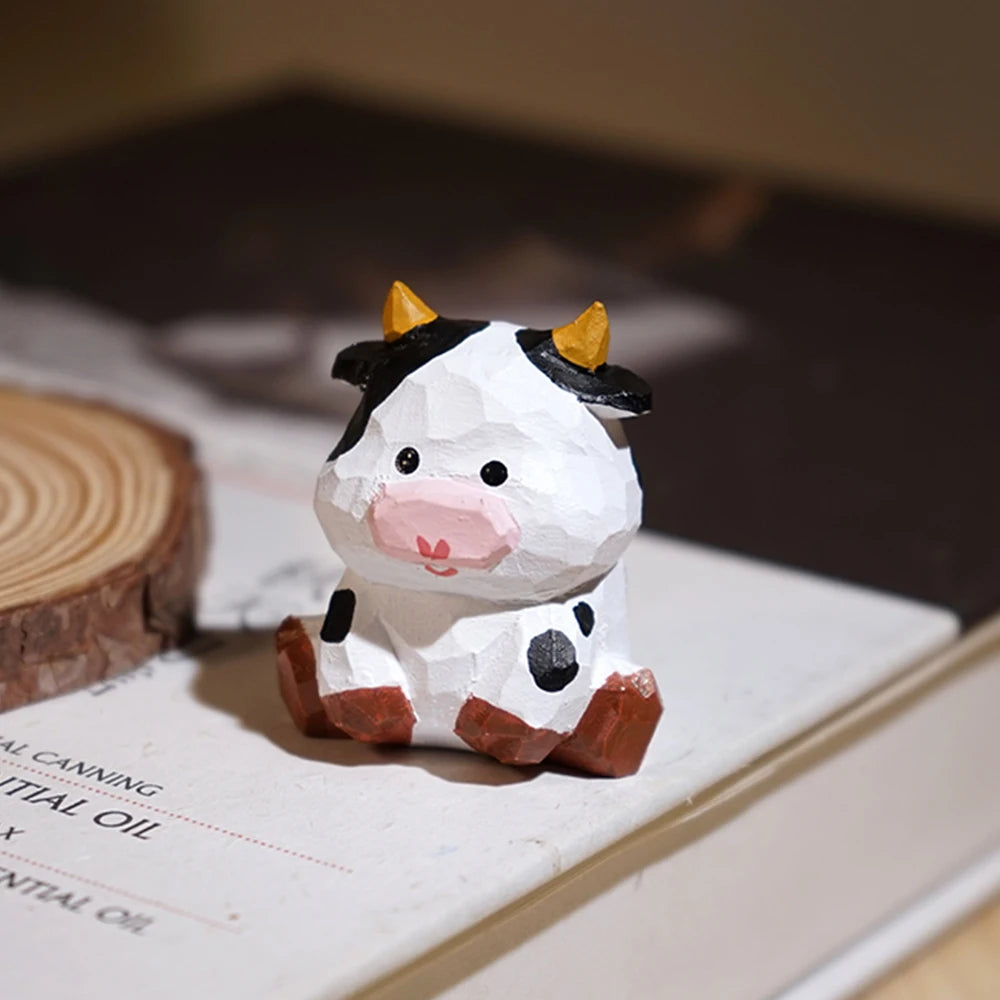 Handcrafted wood carving cow statue cute little figurines desk ornament decorations accessories animal sculpture decor