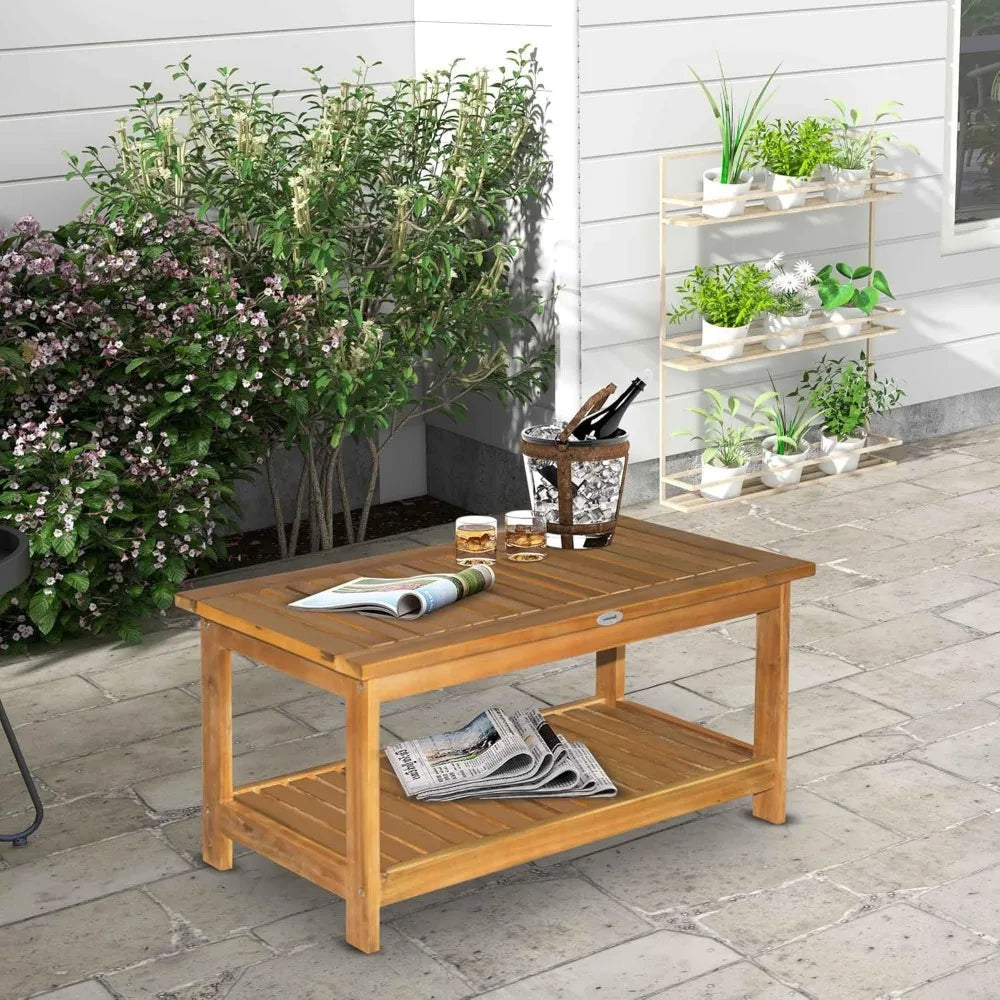 Rectangular acacia wood outdoor coffee table with two shelves - natural finish for patio deck lawn and garden storage