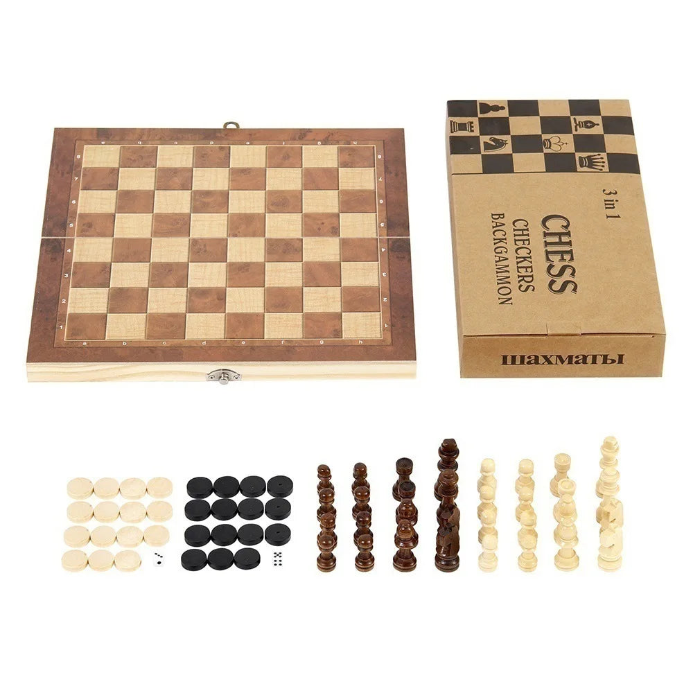3 in 1 foldable international chess folding wooden portable game board for adults high-end gift - 24 x 24cm
