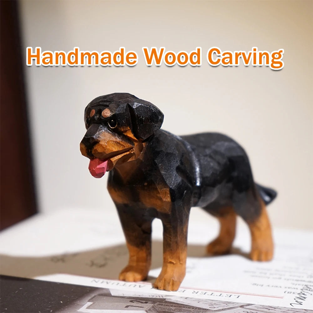 Handcrafted wood carving dog statue rottweiler figurines dog sculpture for room christmas gift handsome realistic