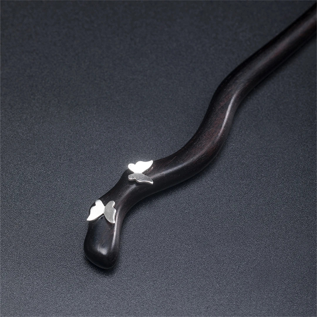 New 100% s925 pure silver women’s men retro hairpin ebony wood literary butterfly chinese style hanfu hair accessories