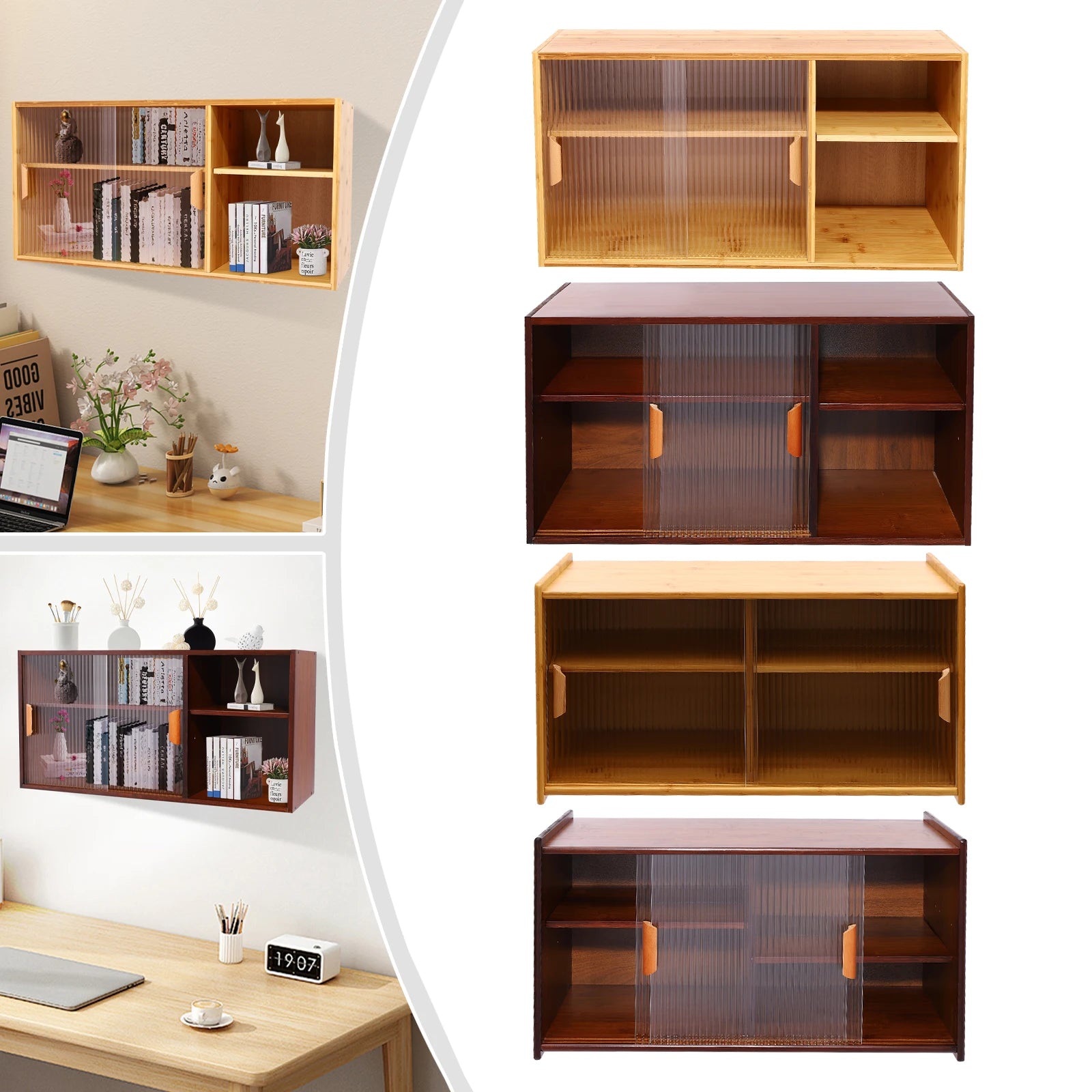 Wall mount bamboo wood pantry cabinet,77/80cm 2 tiers log color/walnut rectangular sideboard with glass doors