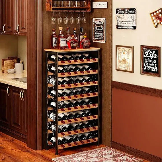 Freestanding 8-tier wooden top wine rack for floor storage in kitchen and pantry - united states / black brown